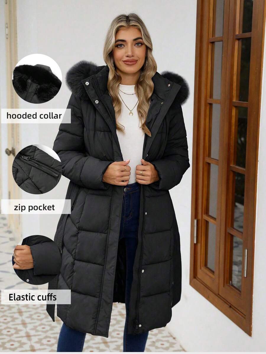 Risissida Women's Casual Hooded Jacket With Pockets, Lightweight Faux Fur Lined Quilted Trench Coat, Fall Daily Wear Winter Coat