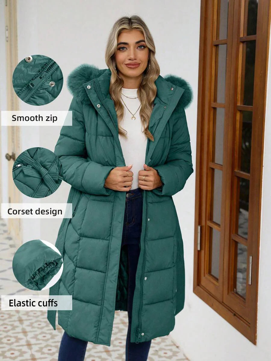 Risissida Women's Casual Hooded Jacket With Pockets, Lightweight Faux Fur Lined Quilted Trench Coat, Fall Daily Wear Winter Coat