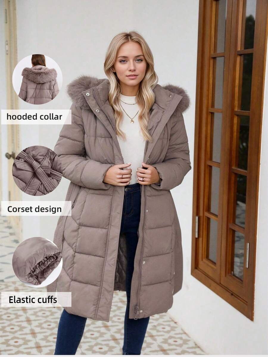 Risissida Women's Casual Hooded Jacket With Pockets, Lightweight Faux Fur Lined Quilted Trench Coat, Fall Daily Wear Winter Coat