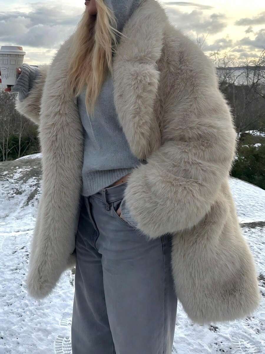 DEEKA Women's Winter New European & American Faux Fur Warm Oversized Plus Size Coat