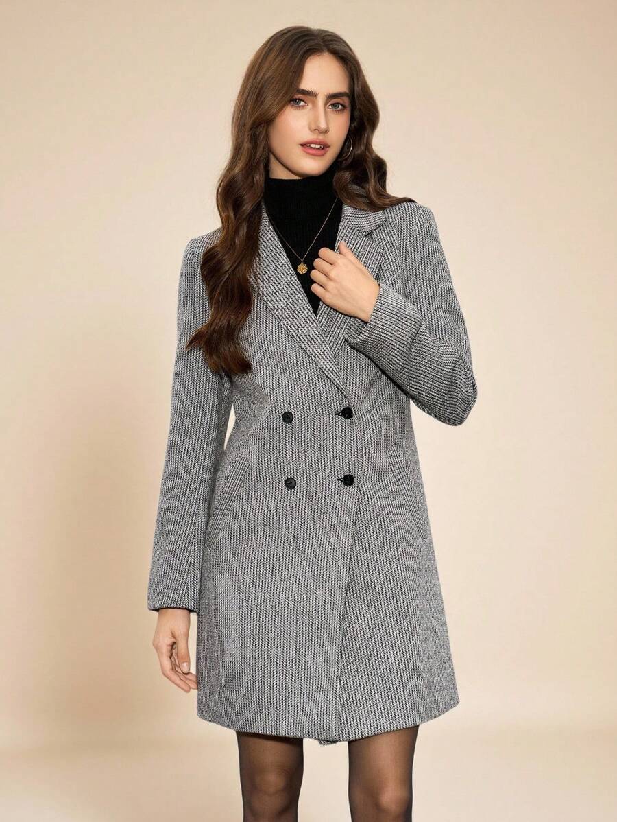Clasi Women's Solid Color Double-Breasted Long Sleeve Woolen Windbreaker, Fashionable For Autumn/Winter