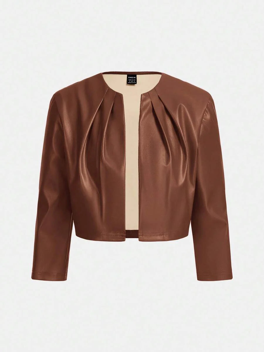 SHEIN Essence Women's Fashionable Commuter Solid Color Cropped Leather Jacket