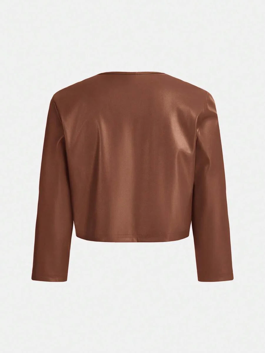 SHEIN Essence Women's Fashionable Commuter Solid Color Cropped Leather Jacket