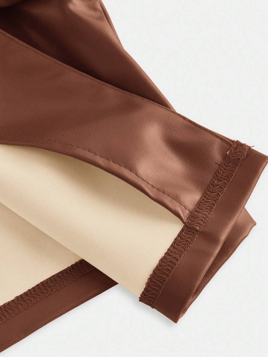 SHEIN Essence Women's Fashionable Commuter Solid Color Cropped Leather Jacket