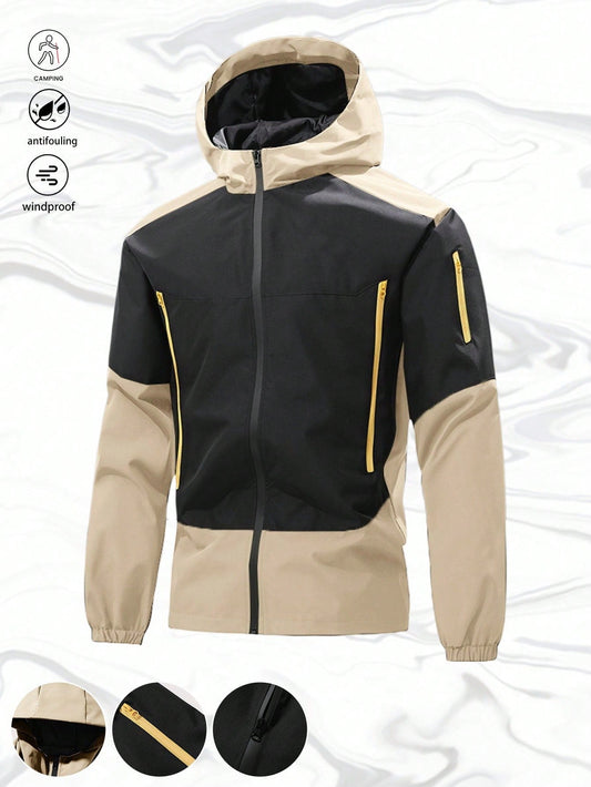 1pc Men Outdoor Contrast Color Patchwork Hooded Jacket, Multi-Zipper Pockets, Practical