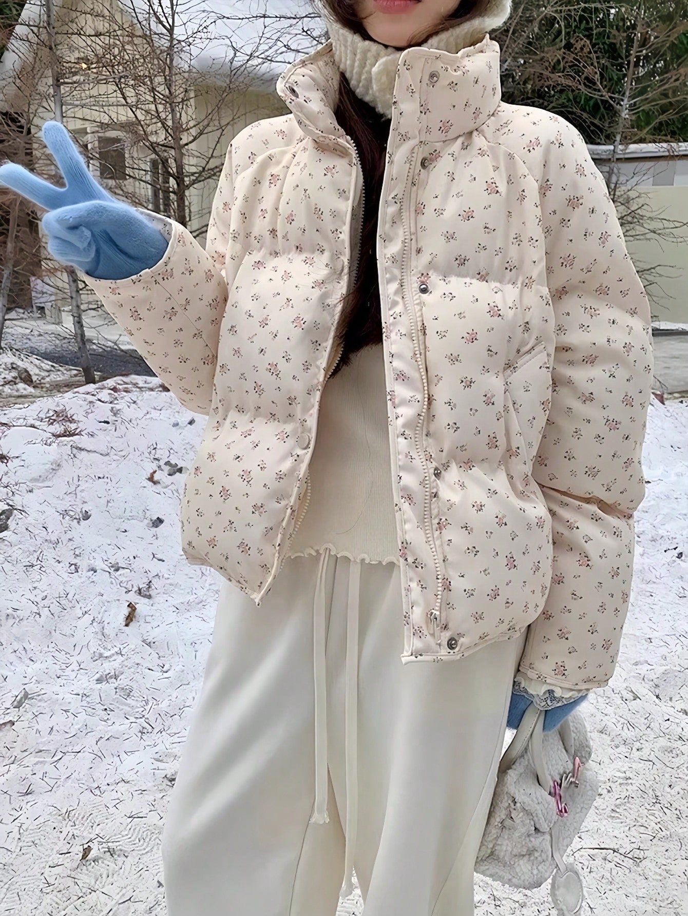 Winter Women Casual Loose Puffer Jacket Long Sleeve Floral Printed Stand Collar Short Pockets Padded Coat Korean Fashion Party Coats Christmas Outerwear Female Clothes Birthday Outfits