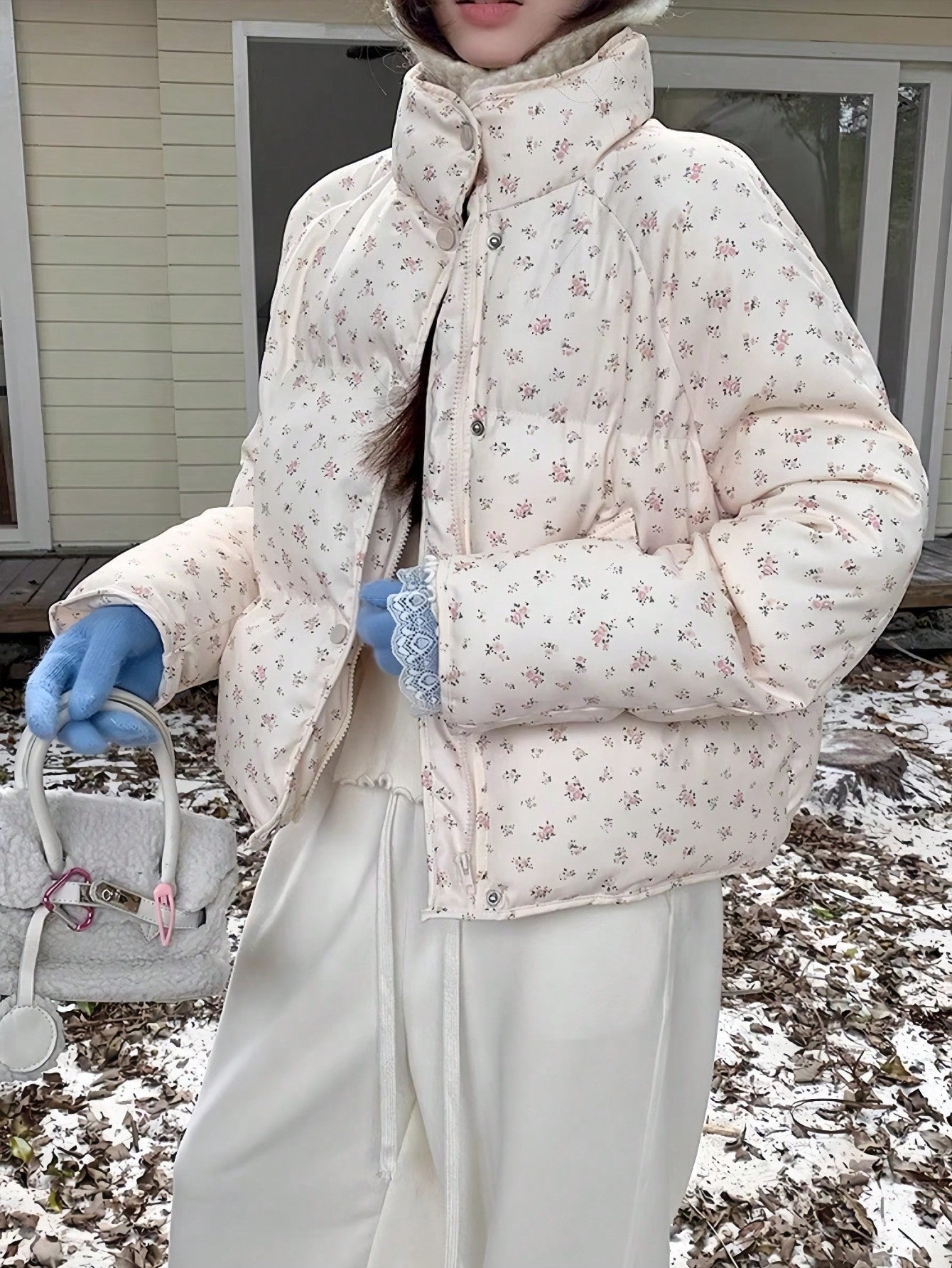 Winter Women Casual Loose Puffer Jacket Long Sleeve Floral Printed Stand Collar Short Pockets Padded Coat Korean Fashion Party Coats Christmas Outerwear Female Clothes Birthday Outfits