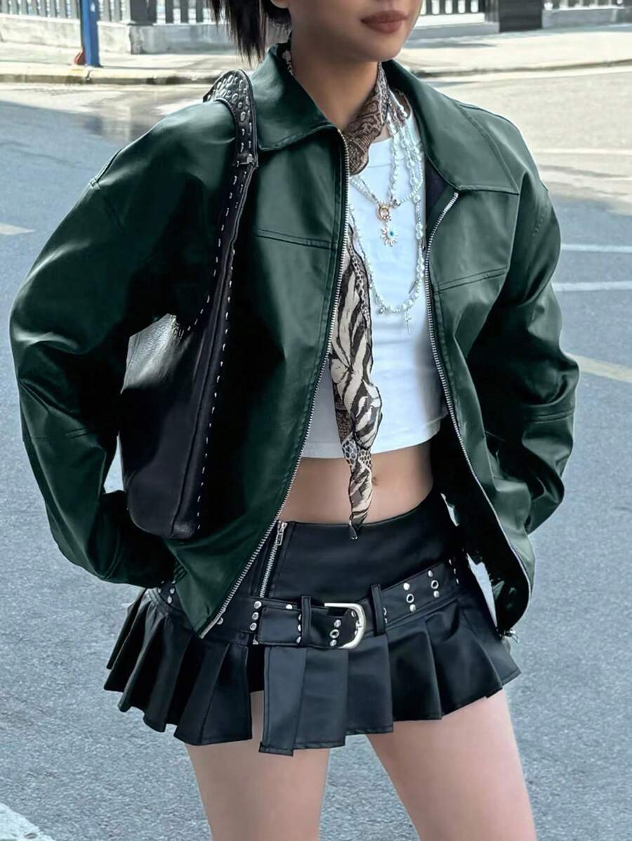 INAWLY Women's Loose Fit Long Sleeve Leather Jacket, Motorcycle Casual Style, Autumn/Winter Fall Cloth For Women