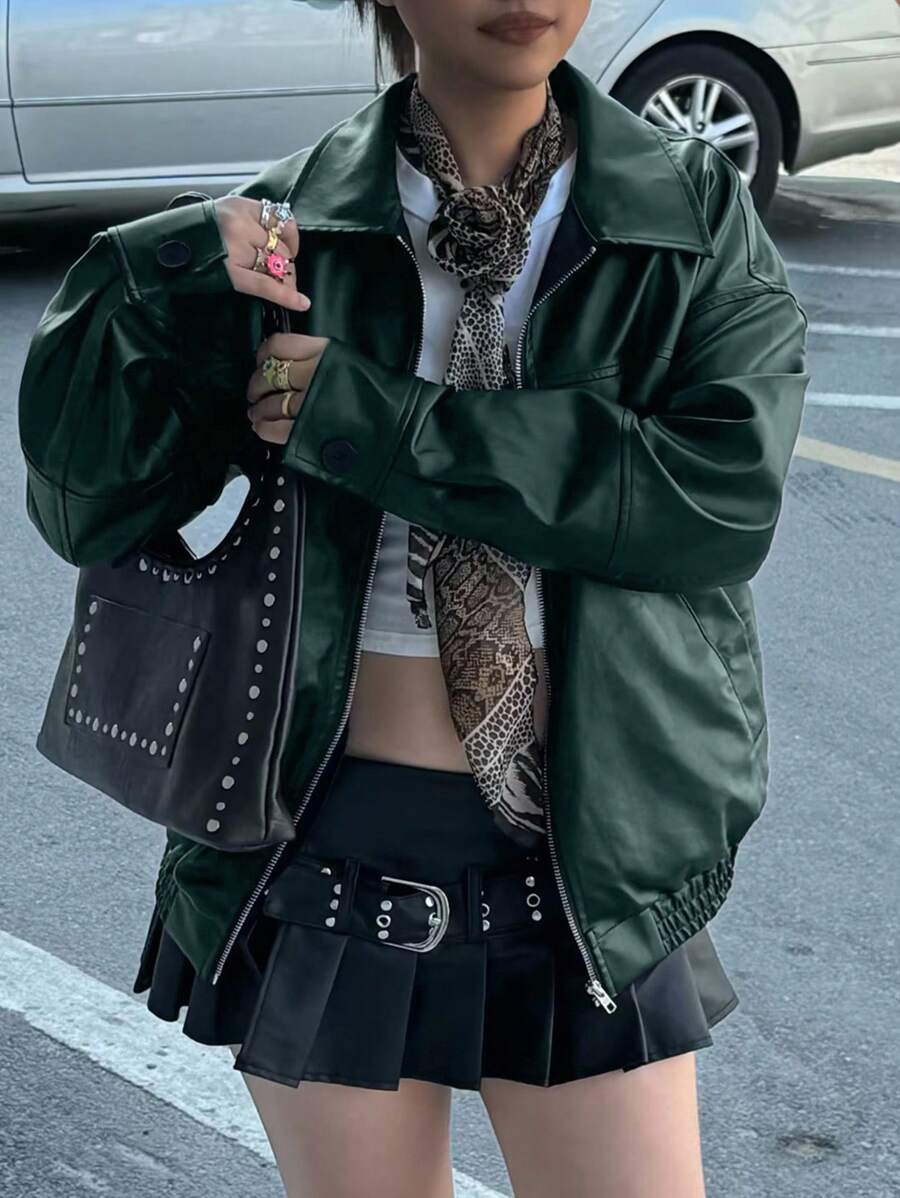 INAWLY Women's Loose Fit Long Sleeve Leather Jacket, Motorcycle Casual Style, Autumn/Winter Fall Cloth For Women
