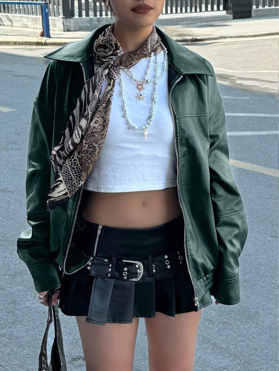 INAWLY Women's Loose Fit Long Sleeve Leather Jacket, Motorcycle Casual Style, Autumn/Winter Fall Cloth For Women
