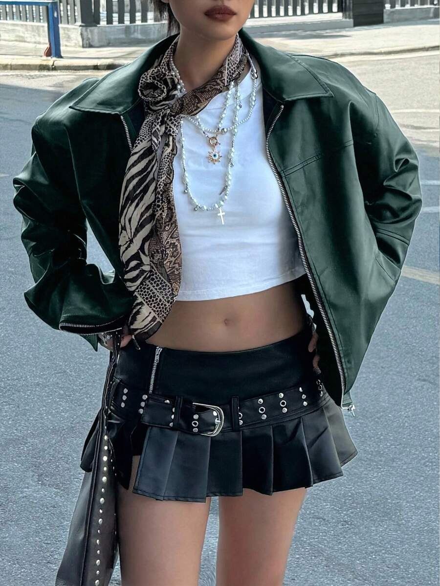 INAWLY Women's Loose Fit Long Sleeve Leather Jacket, Motorcycle Casual Style, Autumn/Winter Fall Cloth For Women