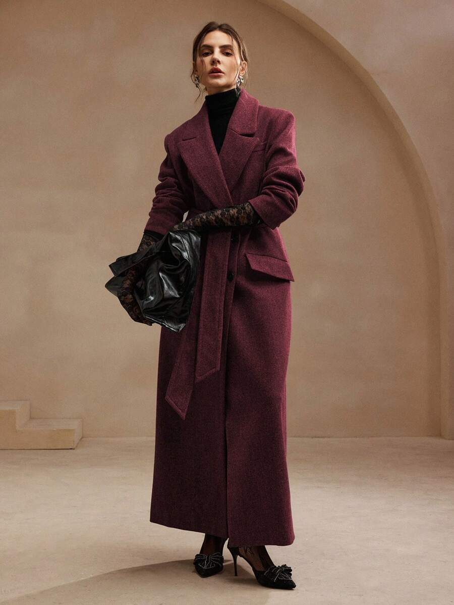 Anewsta Women's Khaki Long Belted Overcoat With Lapel Collar