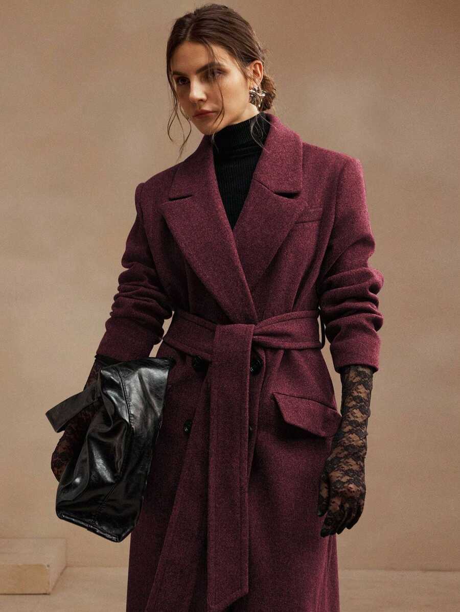 Anewsta Women's Khaki Long Belted Overcoat With Lapel Collar