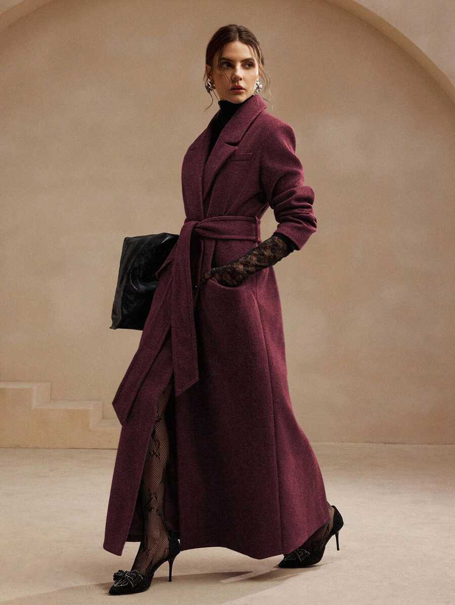 Anewsta Women's Khaki Long Belted Overcoat With Lapel Collar