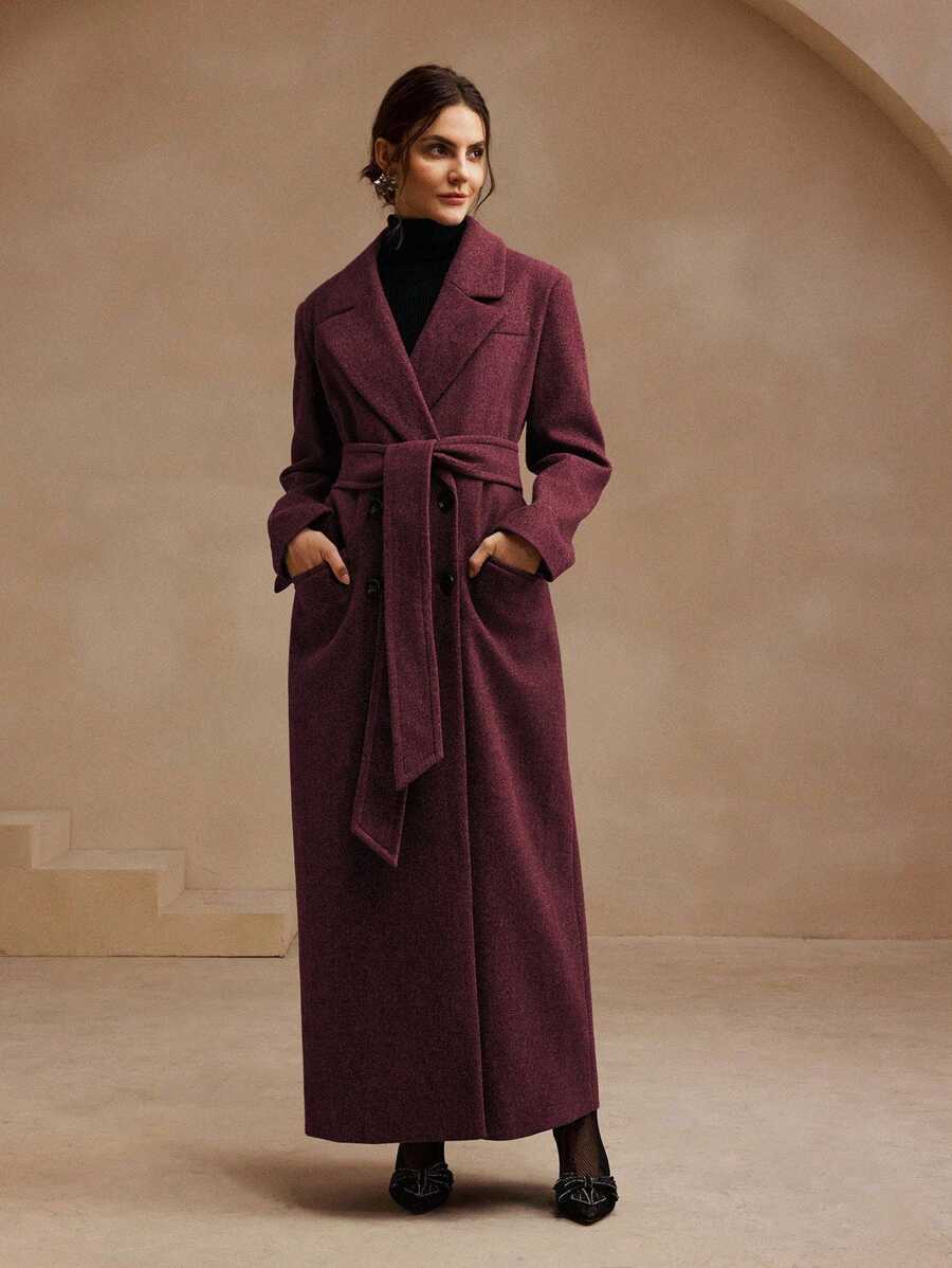 Anewsta Women's Khaki Long Belted Overcoat With Lapel Collar