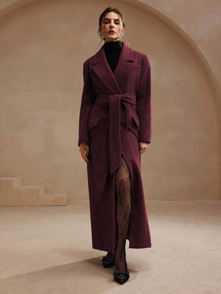 Anewsta Women's Khaki Long Belted Overcoat With Lapel Collar