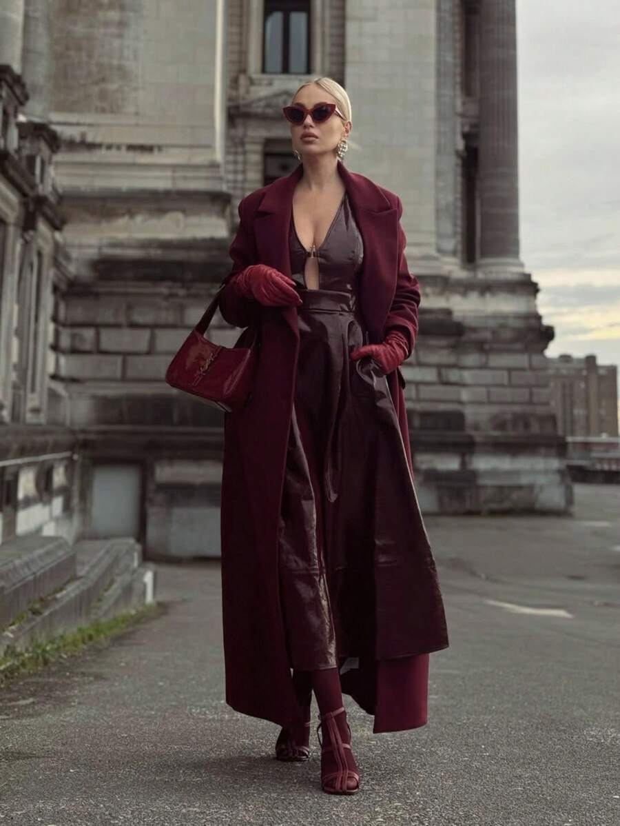 Anewsta Women's Khaki Long Belted Overcoat With Lapel Collar