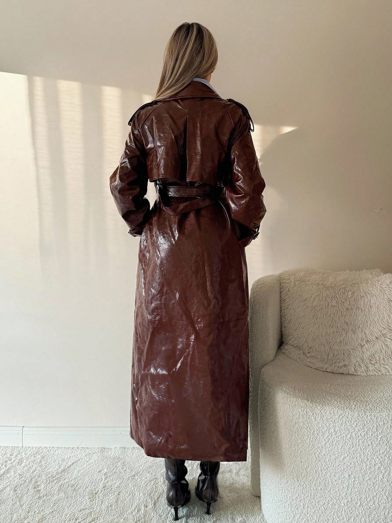 SHEIN ICON Women's Brown Solid Color Long Sleeve PU Leather Jacket Winter Trench Women Coat Halloween Outfits