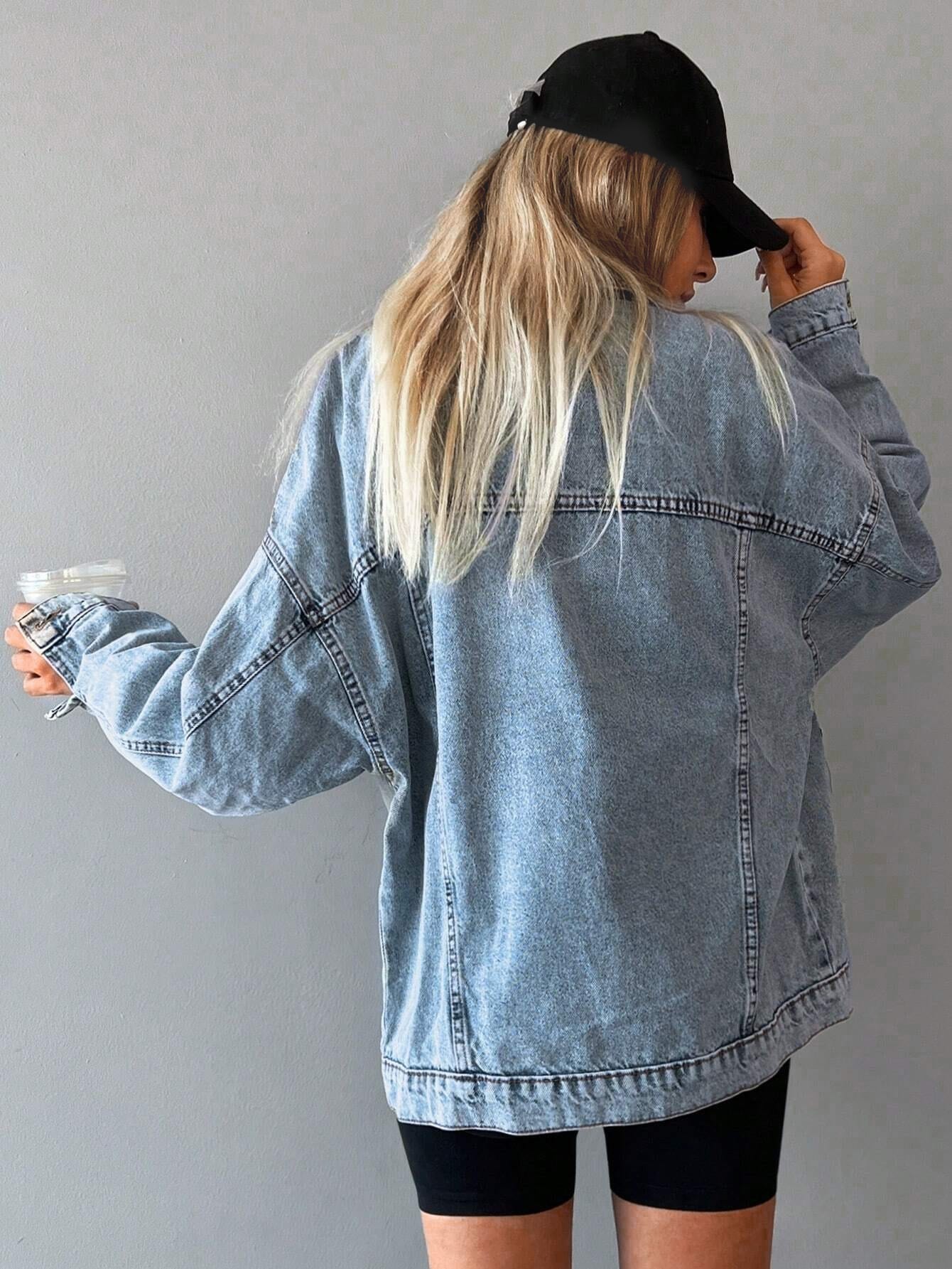 Boyfriend Style Solid Color Slanted Pocket Casual Loose Jean Jackets For Women-Fall Clothes For Women
