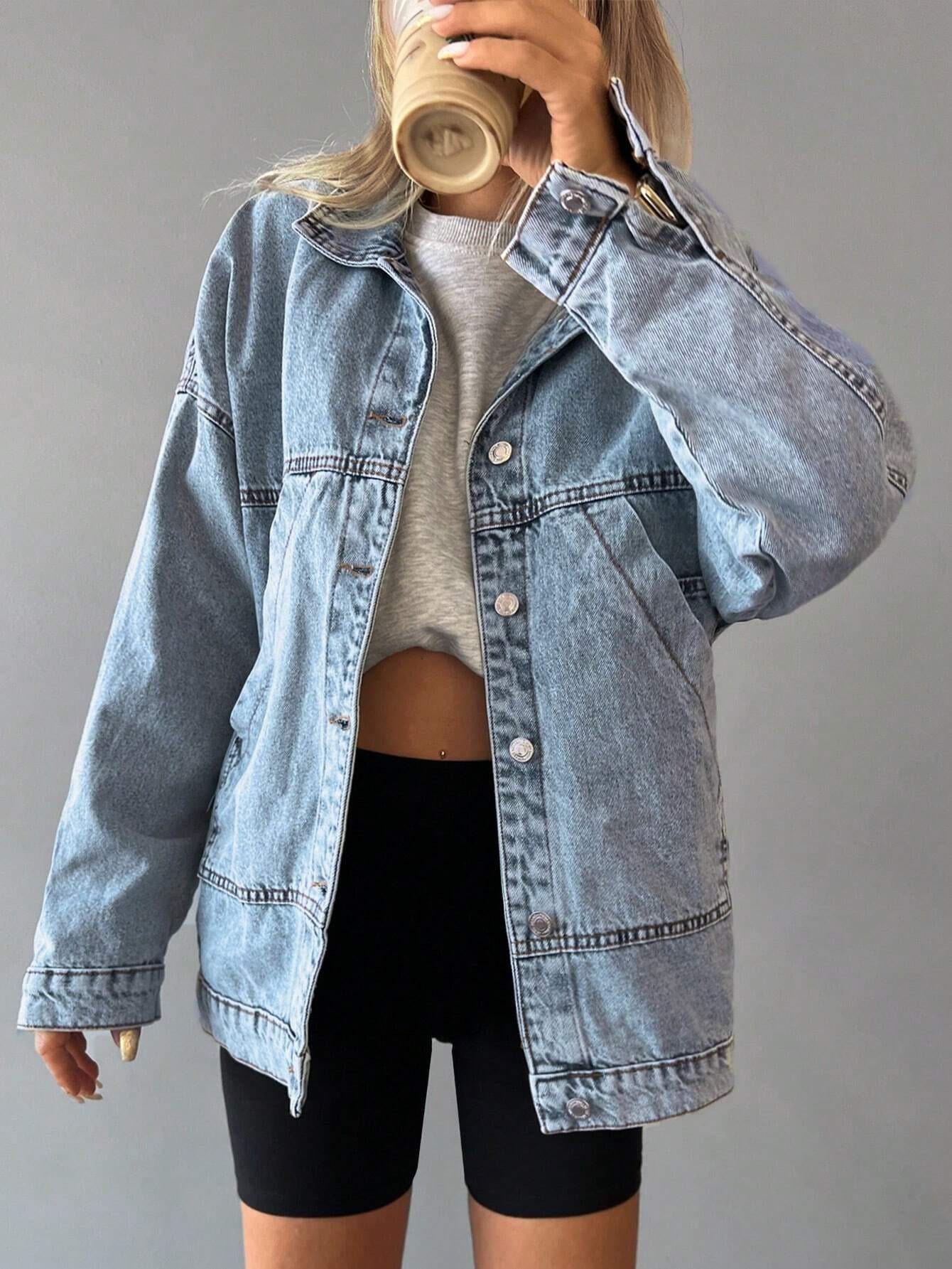 Boyfriend Style Solid Color Slanted Pocket Casual Loose Jean Jackets For Women-Fall Clothes For Women
