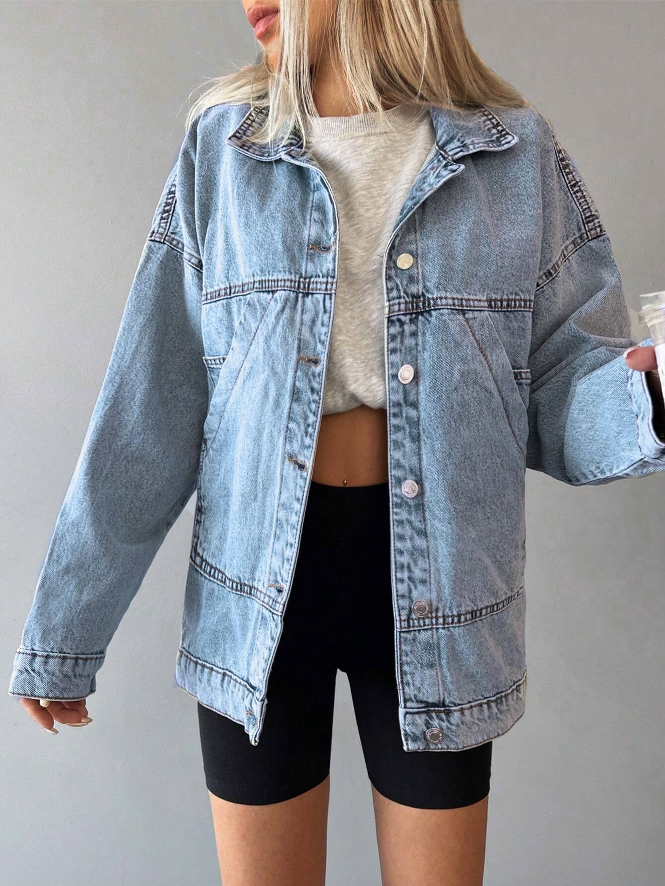 Boyfriend Style Solid Color Slanted Pocket Casual Loose Jean Jackets For Women-Fall Clothes For Women