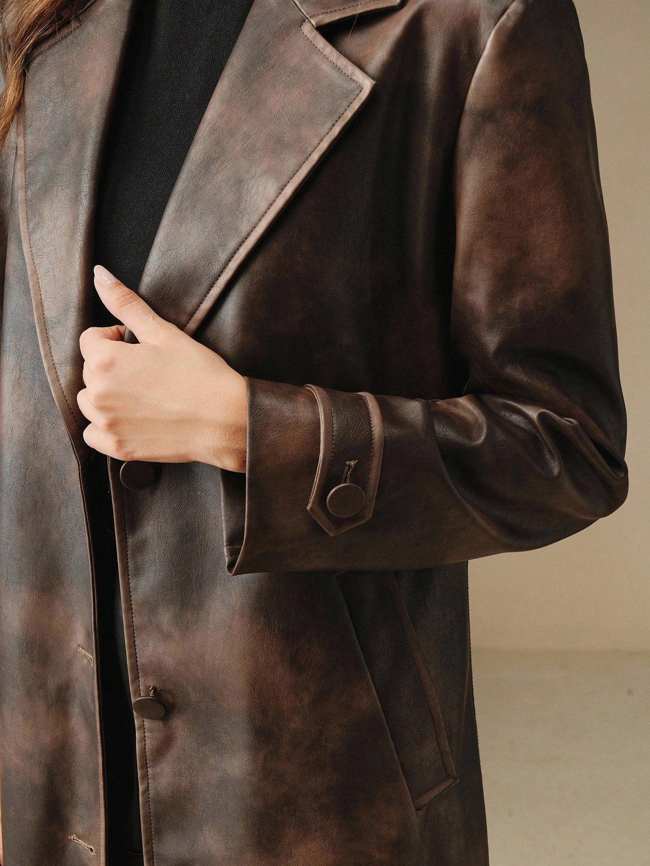 Anewsta Women's Modern Turndown Collar Tie Dye Washed Faux Leather Windbreaker Jacket, Suitable For Autumn, Fall, Winter, Going Out, Elegant, Formal, Party, Chic, New Year, Women's Winter Coat, Christmas, Work, Graduation, Wedding