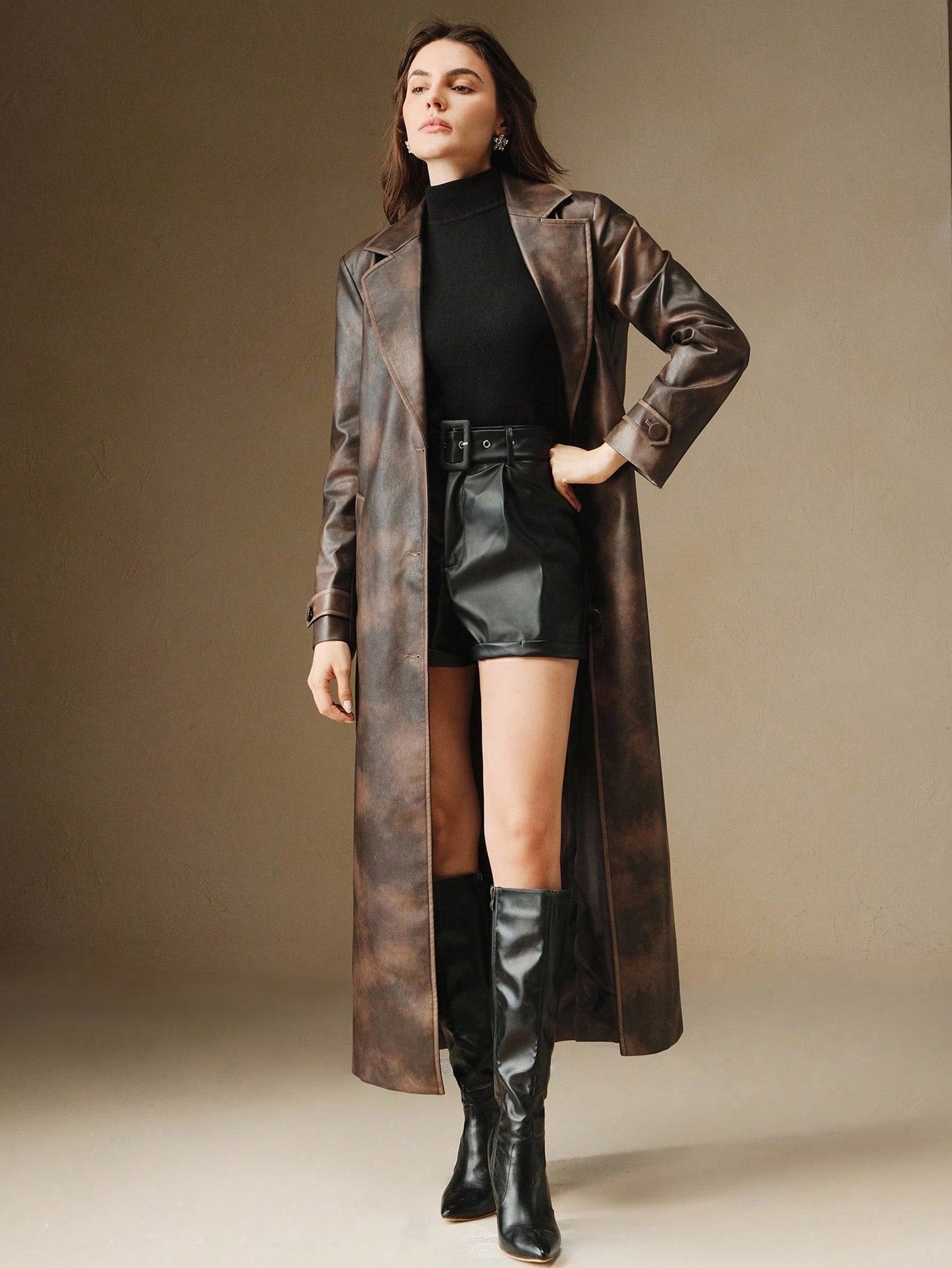Anewsta Women's Modern Turndown Collar Tie Dye Washed Faux Leather Windbreaker Jacket, Suitable For Autumn, Fall, Winter, Going Out, Elegant, Formal, Party, Chic, New Year, Women's Winter Coat, Christmas, Work, Graduation, Wedding