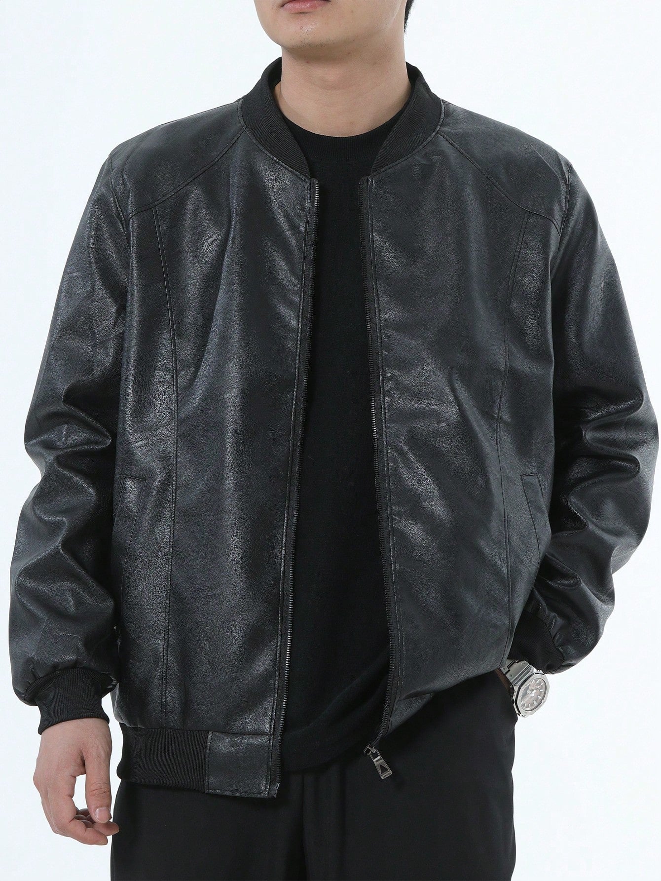 1pc Men's Black Fitted Leather Jacket,Motorcycle Style,Fashionable Urban Men Leather Jacket, Gifts For Husband,Boyfriend,Autumn/Winter