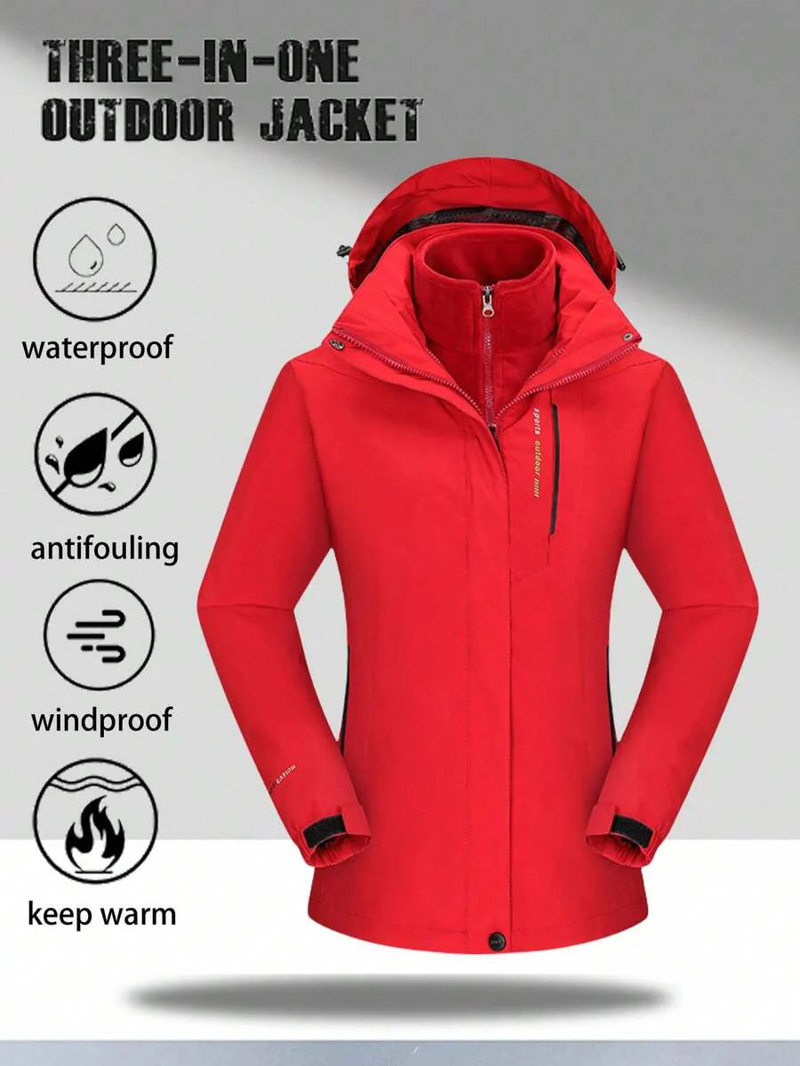 1 Set Women Outdoor Sports Mountaineering Skiing Hiking Camping Windproof Waterproof Thermal Lined 3-In-1 Black Softshell Jacket And Fleece Top, Winter