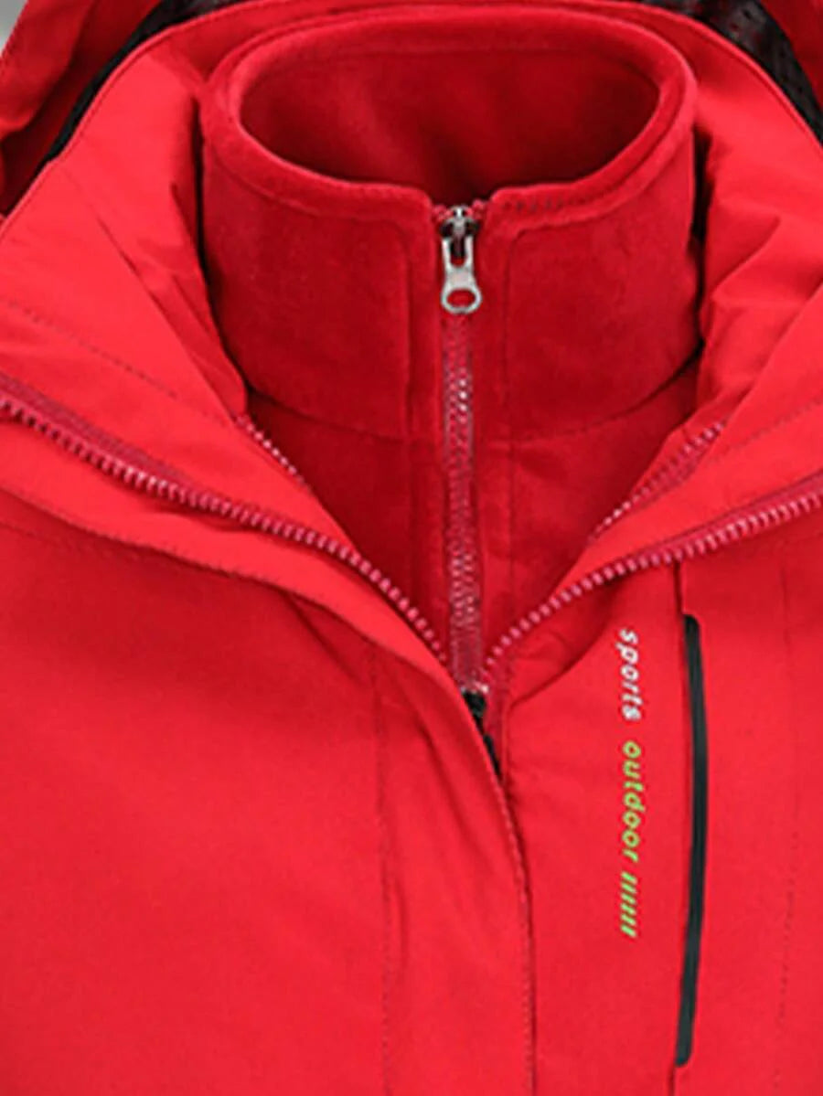 1 Set Women Outdoor Sports Mountaineering Skiing Hiking Camping Windproof Waterproof Thermal Lined 3-In-1 Black Softshell Jacket And Fleece Top, Winter