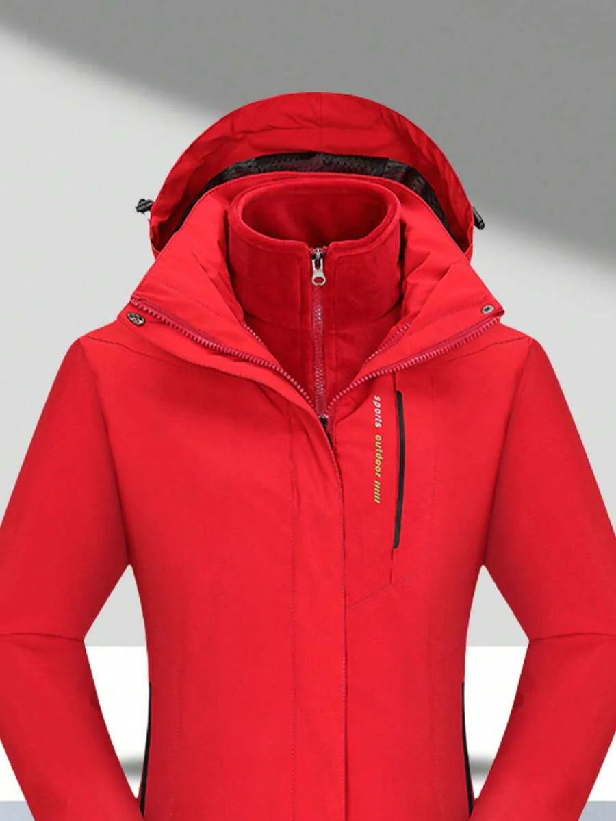 1 Set Women Outdoor Sports Mountaineering Skiing Hiking Camping Windproof Waterproof Thermal Lined 3-In-1 Black Softshell Jacket And Fleece Top, Winter