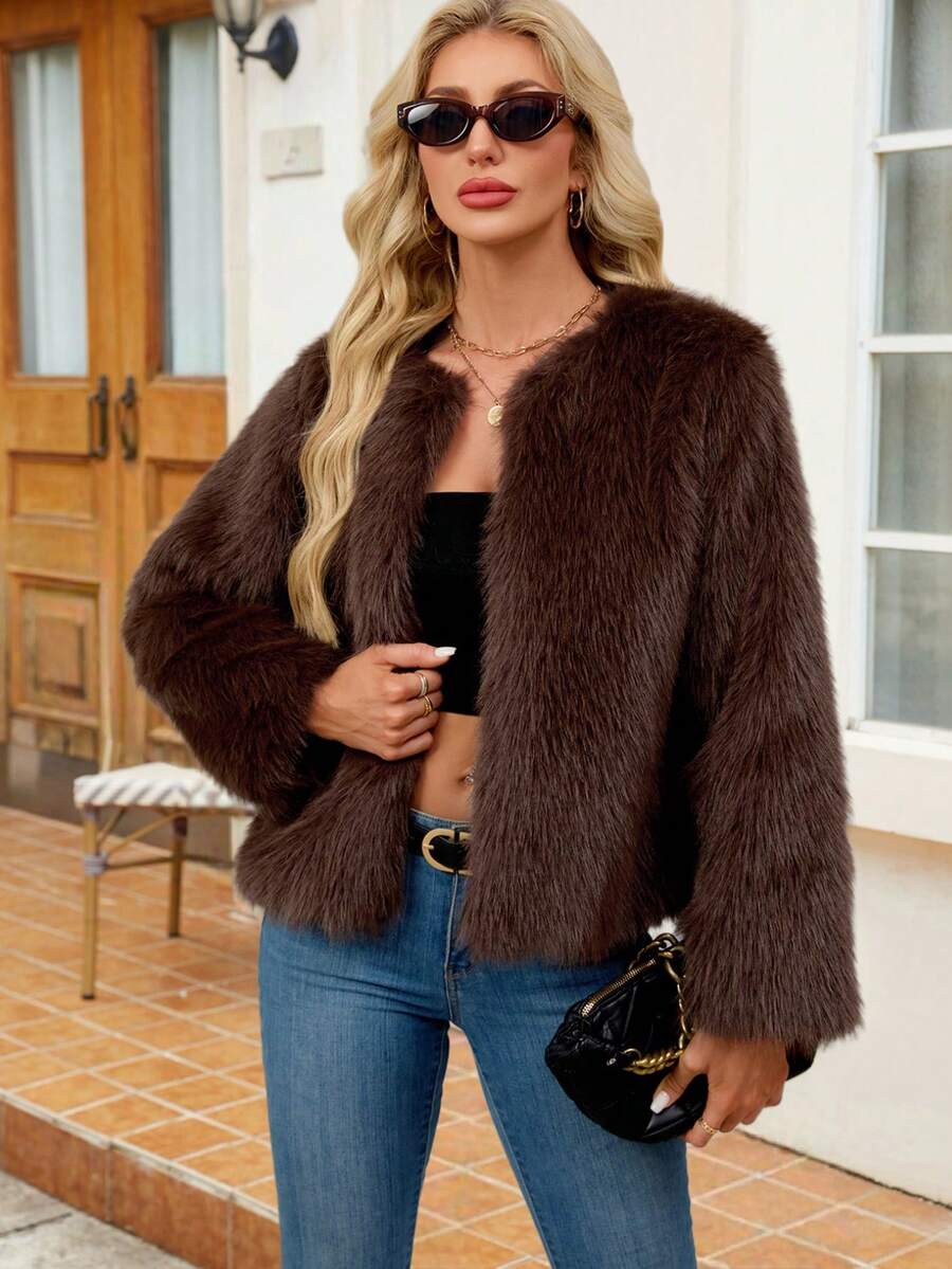 Women's Solid Color Long Sleeve Open Front Loose Fashionable Faux Fur Coat, Autumn/Winter