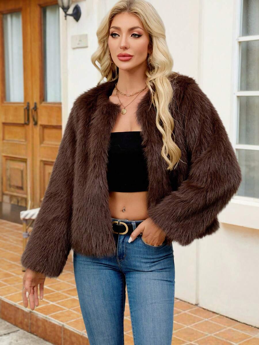Women's Solid Color Long Sleeve Open Front Loose Fashionable Faux Fur Coat, Autumn/Winter