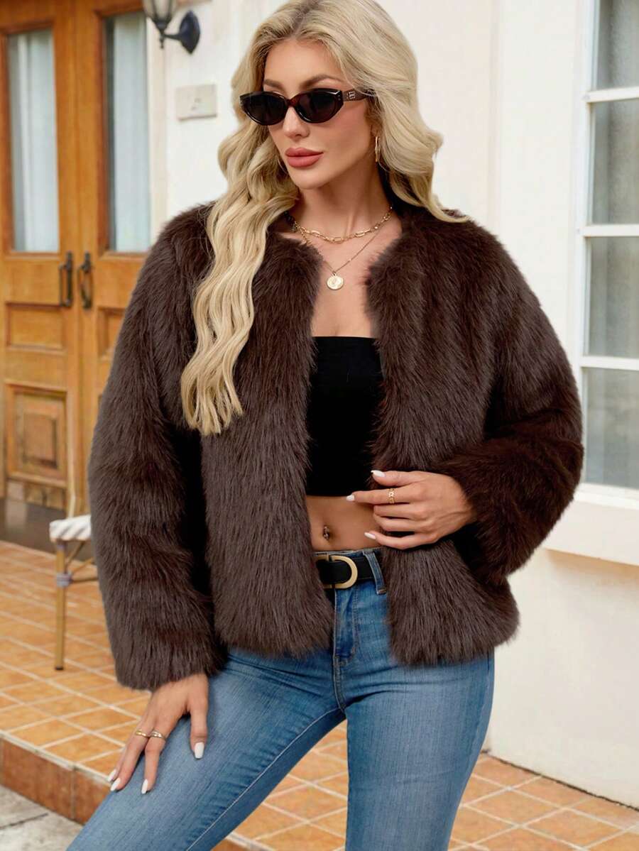 Women's Solid Color Long Sleeve Open Front Loose Fashionable Faux Fur Coat, Autumn/Winter
