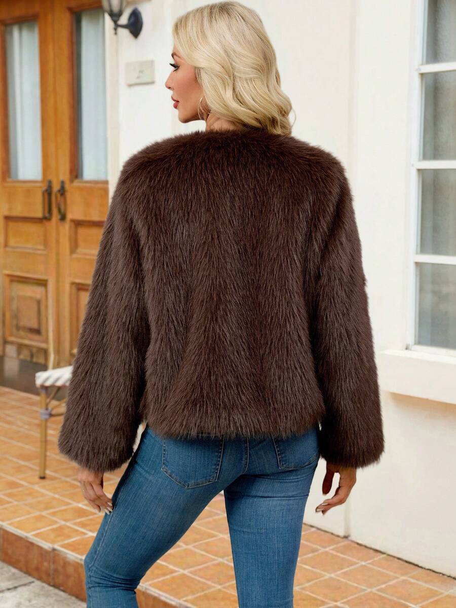 Women's Solid Color Long Sleeve Open Front Loose Fashionable Faux Fur Coat, Autumn/Winter