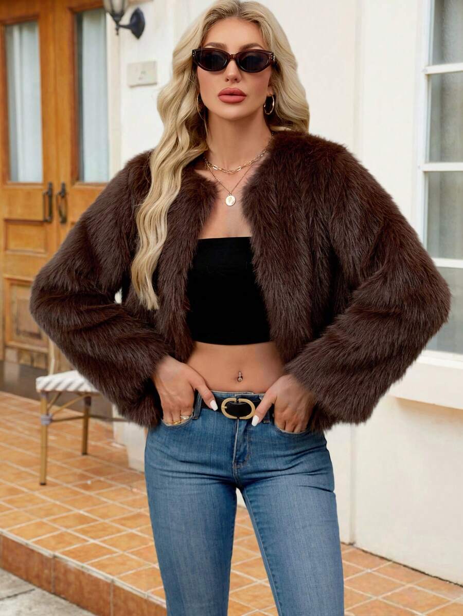 Women's Solid Color Long Sleeve Open Front Loose Fashionable Faux Fur Coat, Autumn/Winter