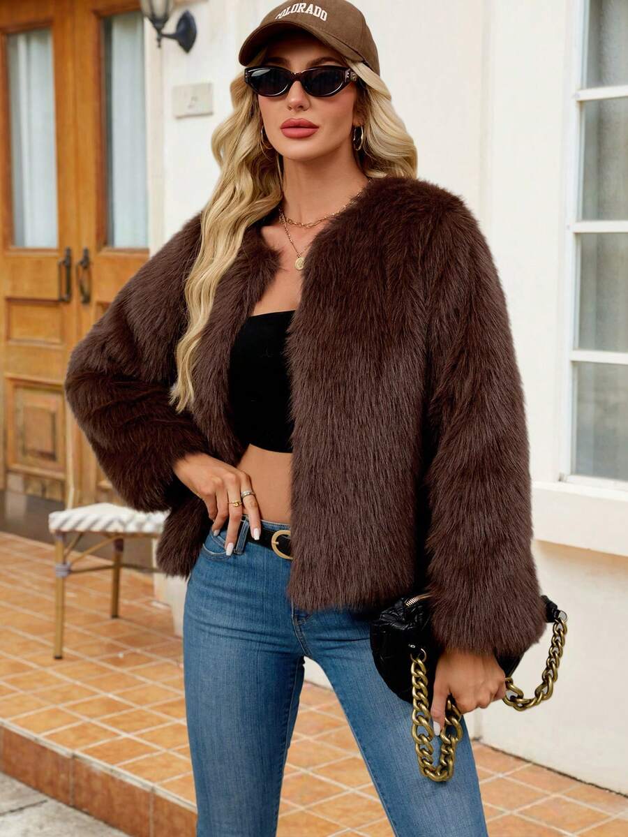 Women's Solid Color Long Sleeve Open Front Loose Fashionable Faux Fur Coat, Autumn/Winter