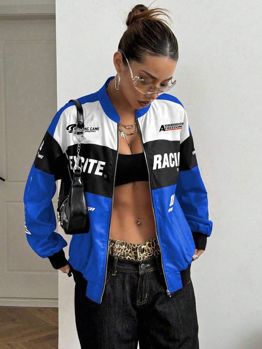 PETITE Letter Print Contrast Color Drop Shoulder Bomber Jacket For New Year Clothes