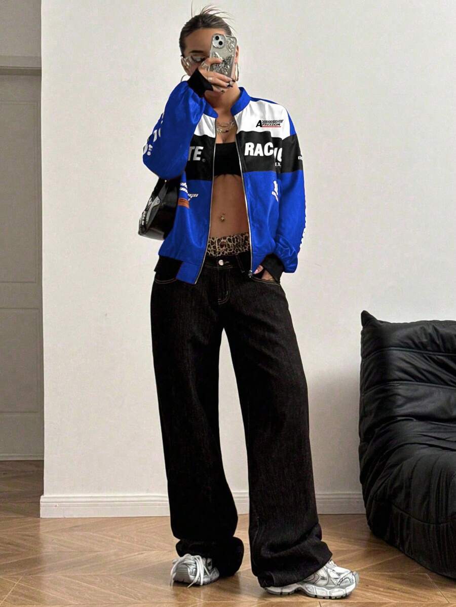 PETITE Letter Print Contrast Color Drop Shoulder Bomber Jacket For New Year Clothes