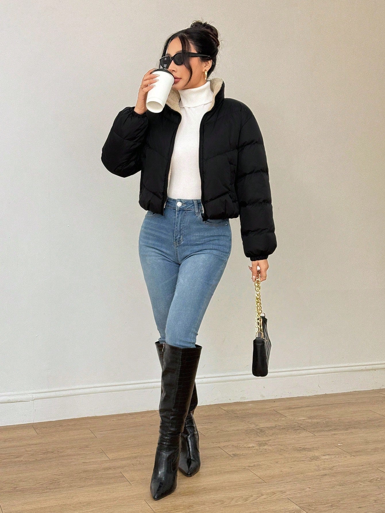 SHEIN PETITE Women's Zipper Long Sleeve Fashionable Popular Winter Insulated Padded Coat, Dress Casual ,Business Casual Outfits Women,Fall Clothes For Women,Going Out Tops