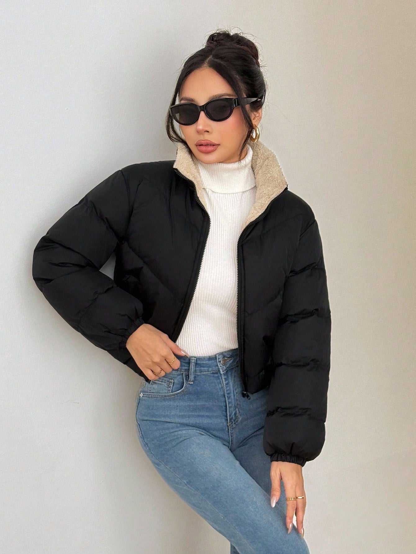 SHEIN PETITE Women's Zipper Long Sleeve Fashionable Popular Winter Insulated Padded Coat, Dress Casual ,Business Casual Outfits Women,Fall Clothes For Women,Going Out Tops