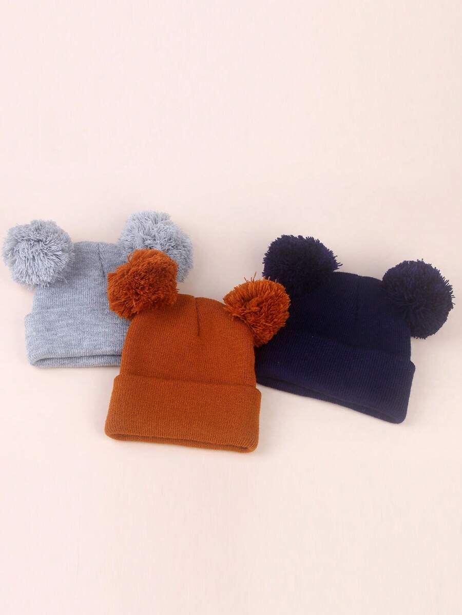 3pcs Infant Toddler Kids Knitted Double Pom-Pom Ear Ion Beanies, Thin