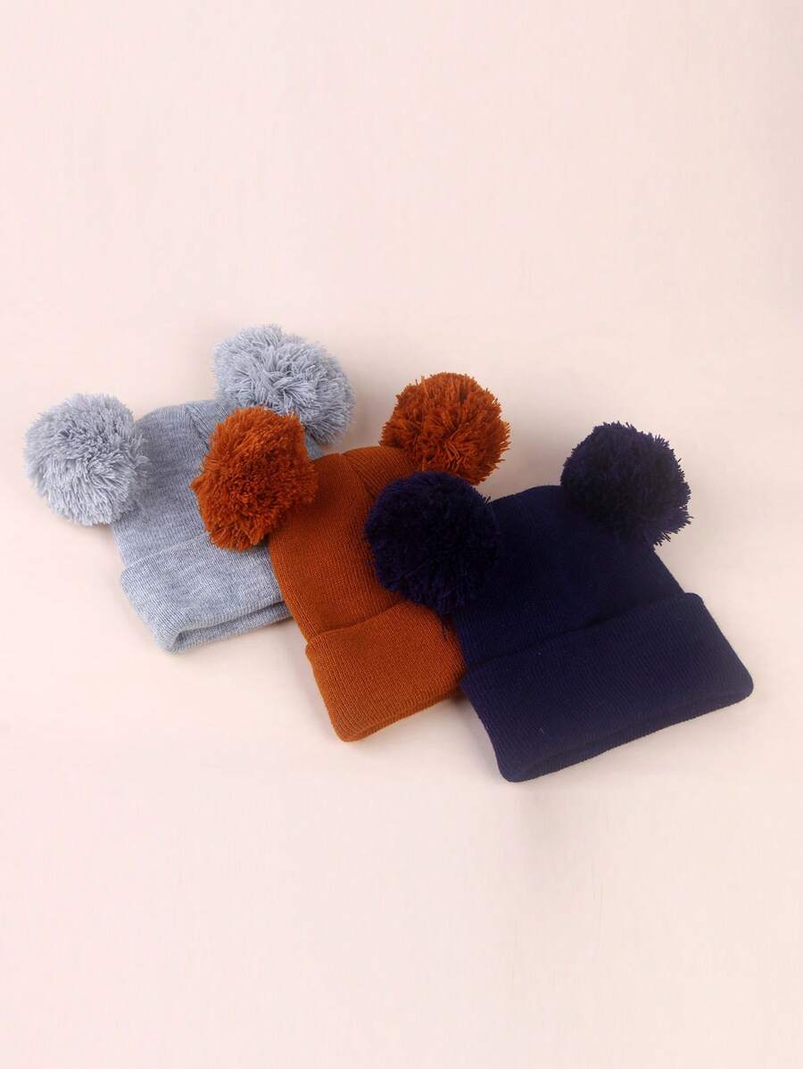 3pcs Infant Toddler Kids Knitted Double Pom-Pom Ear Ion Beanies, Thin