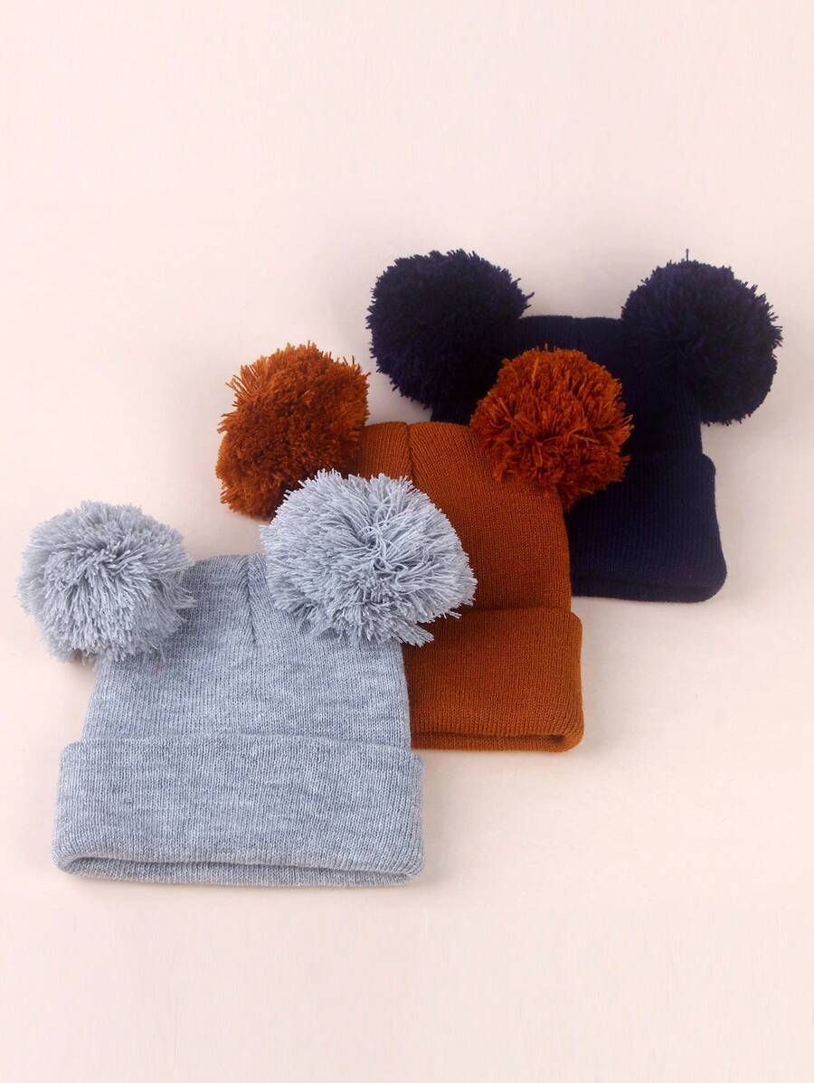 3pcs Infant Toddler Kids Knitted Double Pom-Pom Ear Ion Beanies, Thin