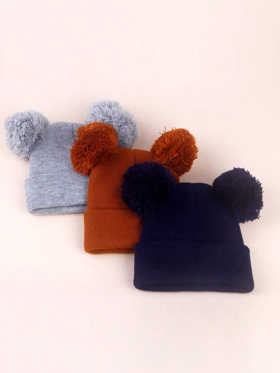 3pcs Infant Toddler Kids Knitted Double Pom-Pom Ear Ion Beanies, Thin