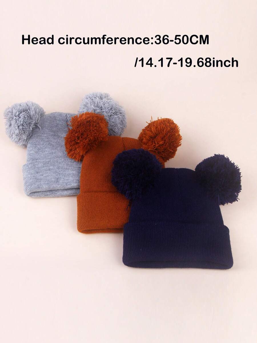 3pcs Infant Toddler Kids Knitted Double Pom-Pom Ear Ion Beanies, Thin