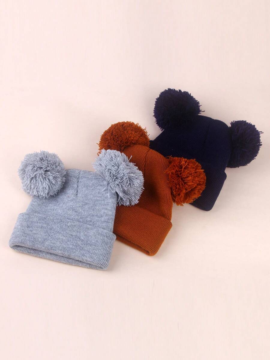 3pcs Infant Toddler Kids Knitted Double Pom-Pom Ear Ion Beanies, Thin