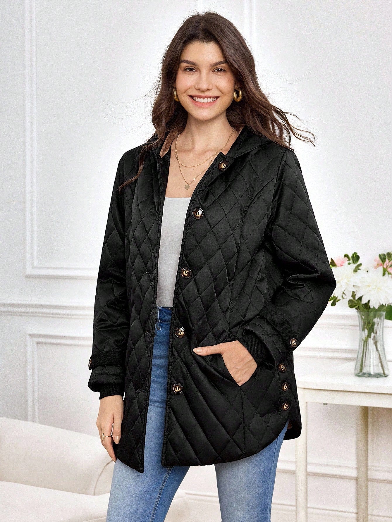 Miaspire Women's Winter Coat, Velvet Warm Hooded Elegant Jacket, Threaded Cuffs, Women's All-Match Black Jacket, Brown Velvet Lining,Zip Up Hoodie For Women, Winter Clothes For Women