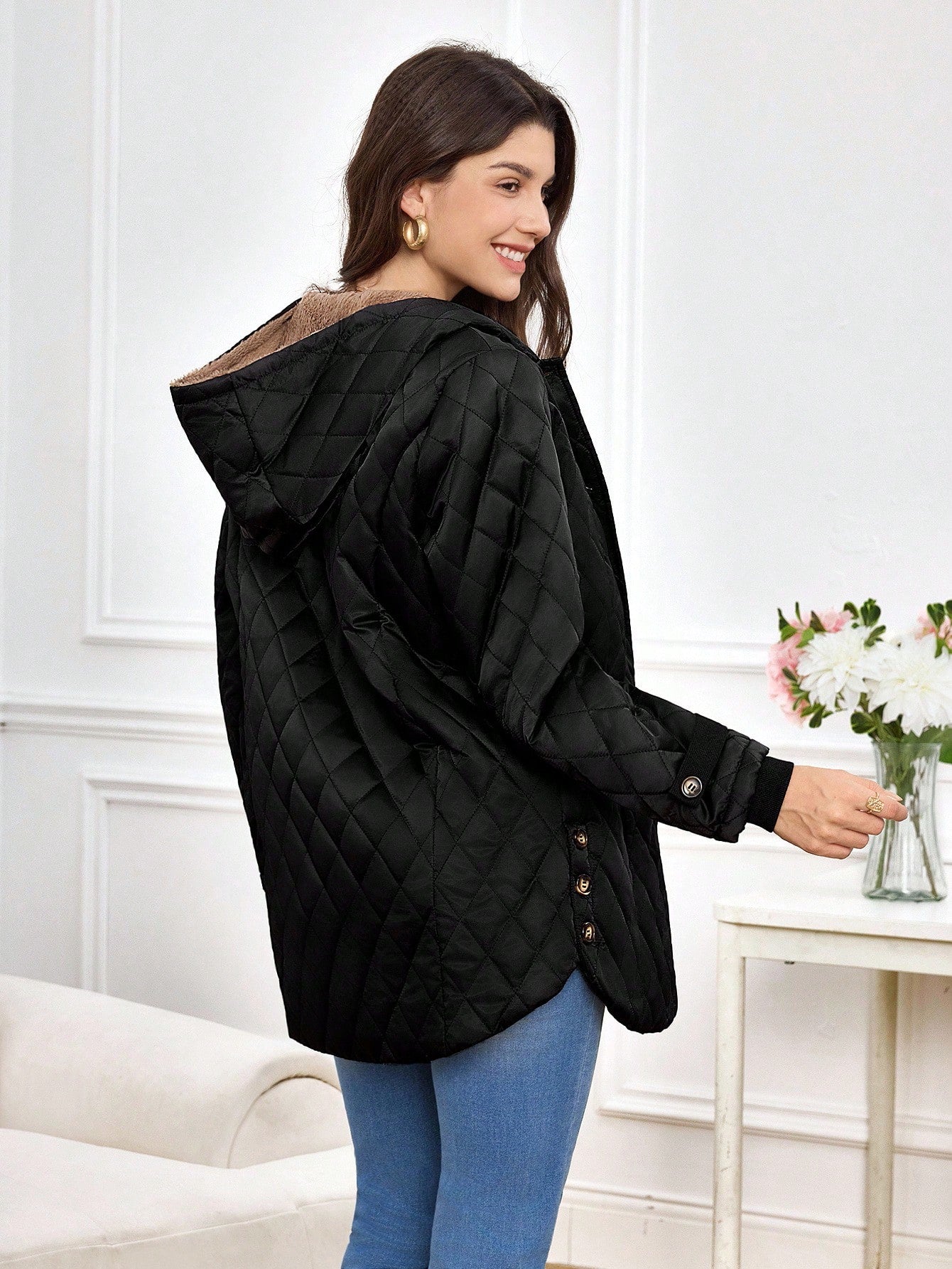 Miaspire Women's Winter Coat, Velvet Warm Hooded Elegant Jacket, Threaded Cuffs, Women's All-Match Black Jacket, Brown Velvet Lining,Zip Up Hoodie For Women, Winter Clothes For Women