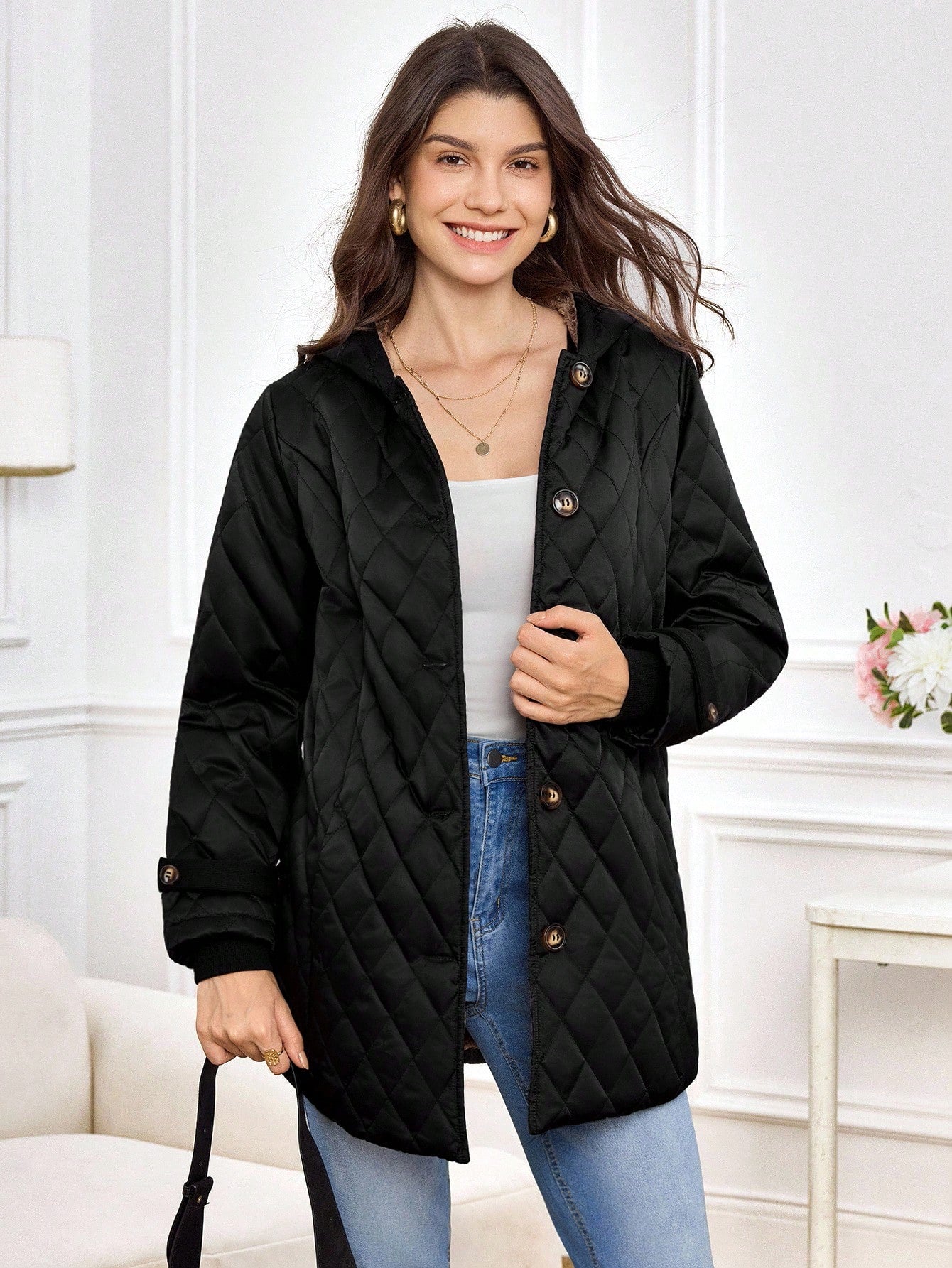 Miaspire Women's Winter Coat, Velvet Warm Hooded Elegant Jacket, Threaded Cuffs, Women's All-Match Black Jacket, Brown Velvet Lining,Zip Up Hoodie For Women, Winter Clothes For Women